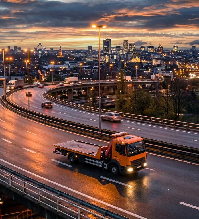 Camion de dépannage orange sur autoroute urbaine à Jette, Bruxelles, au crépuscule