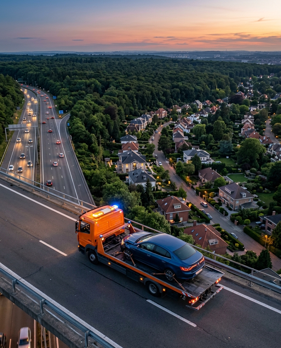 camion-de-depannage-orange-transportant-une-knaw Camion de dépannage orange transportant une voiture bleue sur autoroute à Uccle au crépuscule