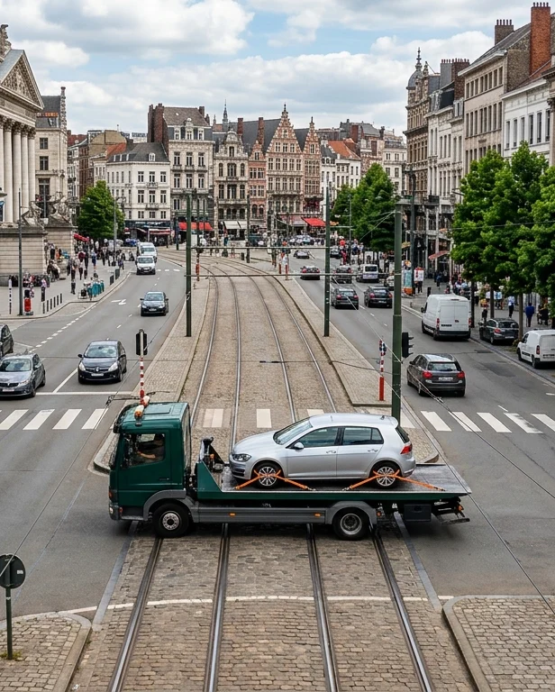 Camion de dépannage transportant une voiture au centre de Bruxelles-Ville
