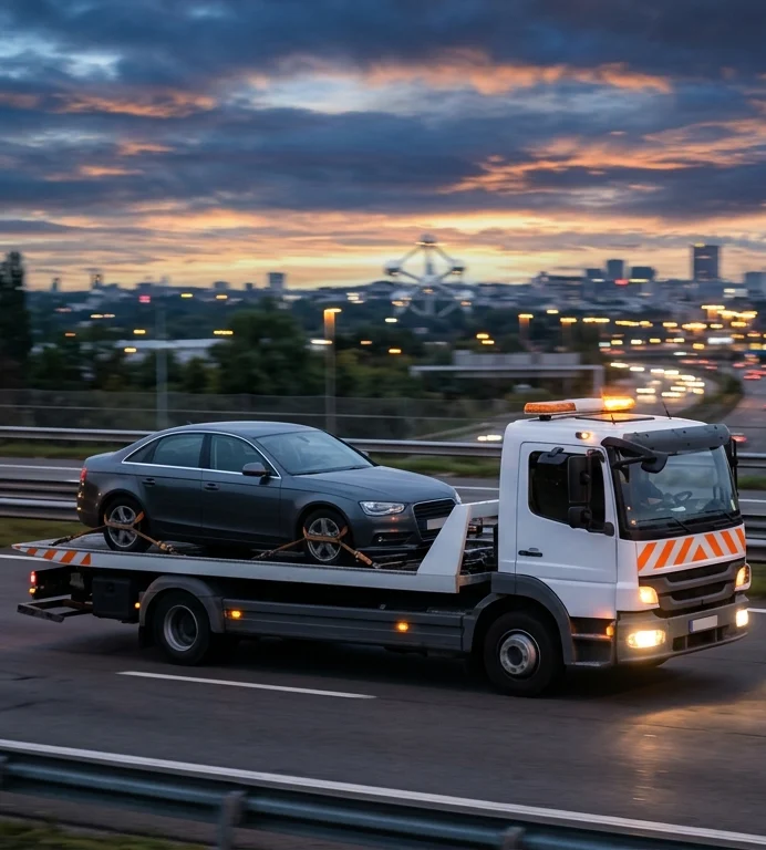 Camion de remorquage transportant une berline sur autoroute vers Bruxelles au crépuscule