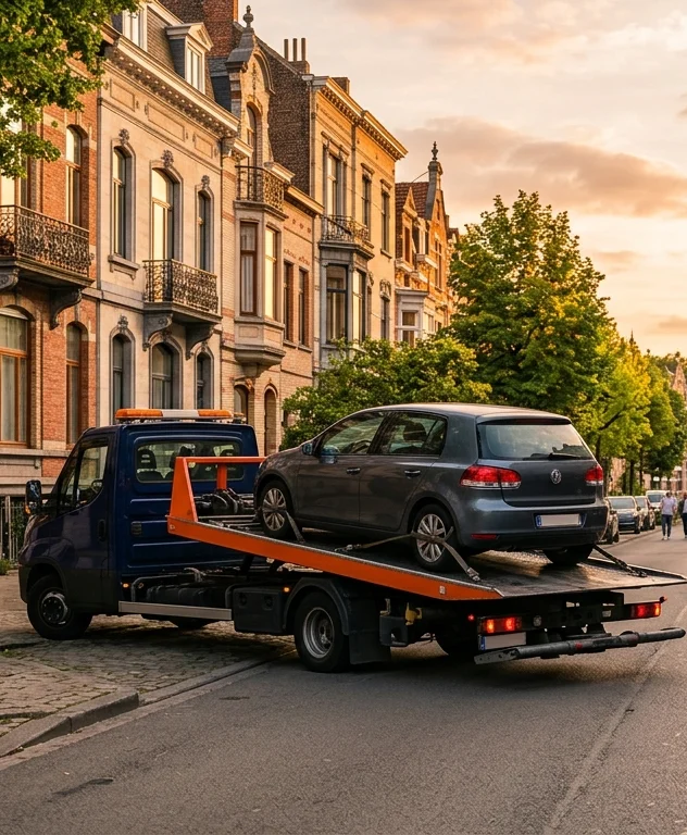 Camion dépanneuse avec véhicule Volkswagen chargé dans une rue résidentielle d'Etterbeek