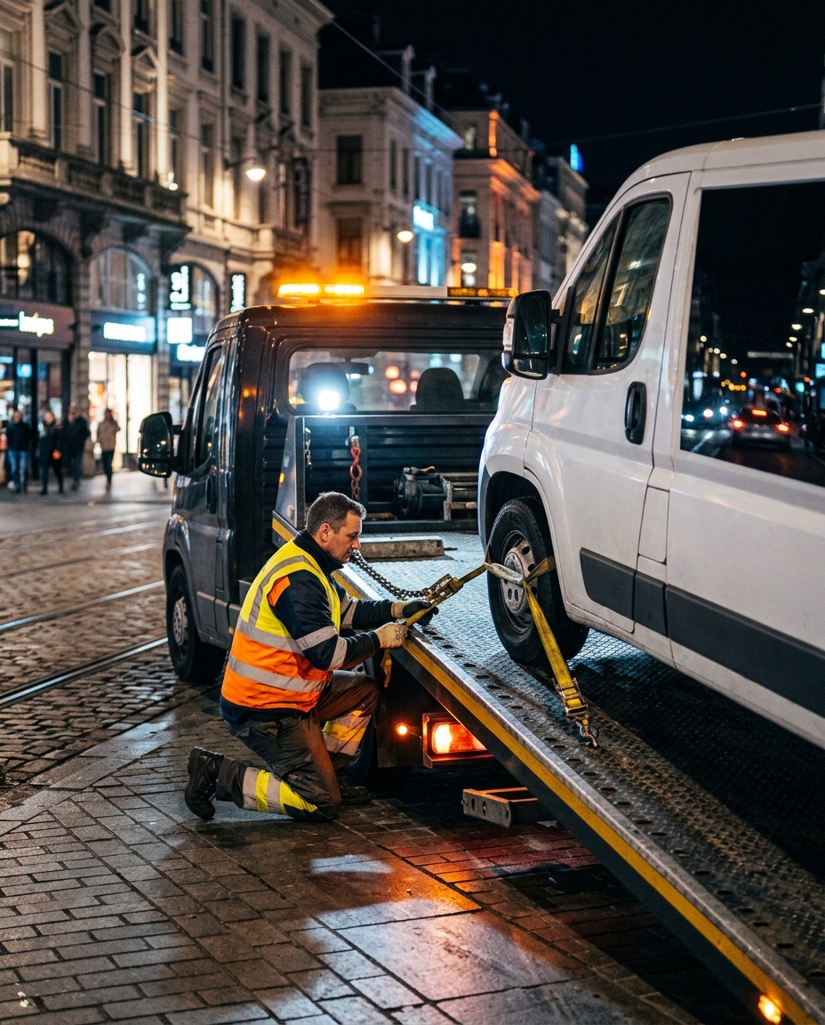 Dépannage camionnette à Bruxelles de nuit par technicien en gilet orange