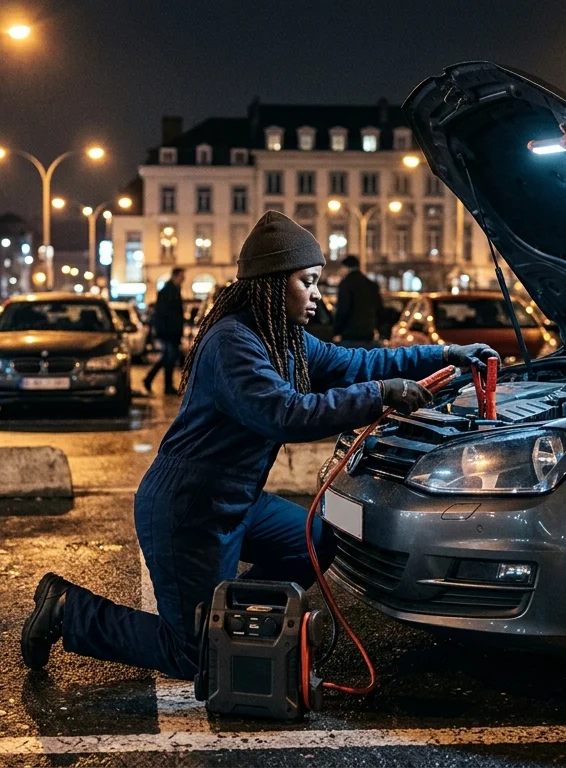 Dépannage voiture à Berchem-Sainte-Agathe, technicienne branchant des câbles de démarrage la nuit
