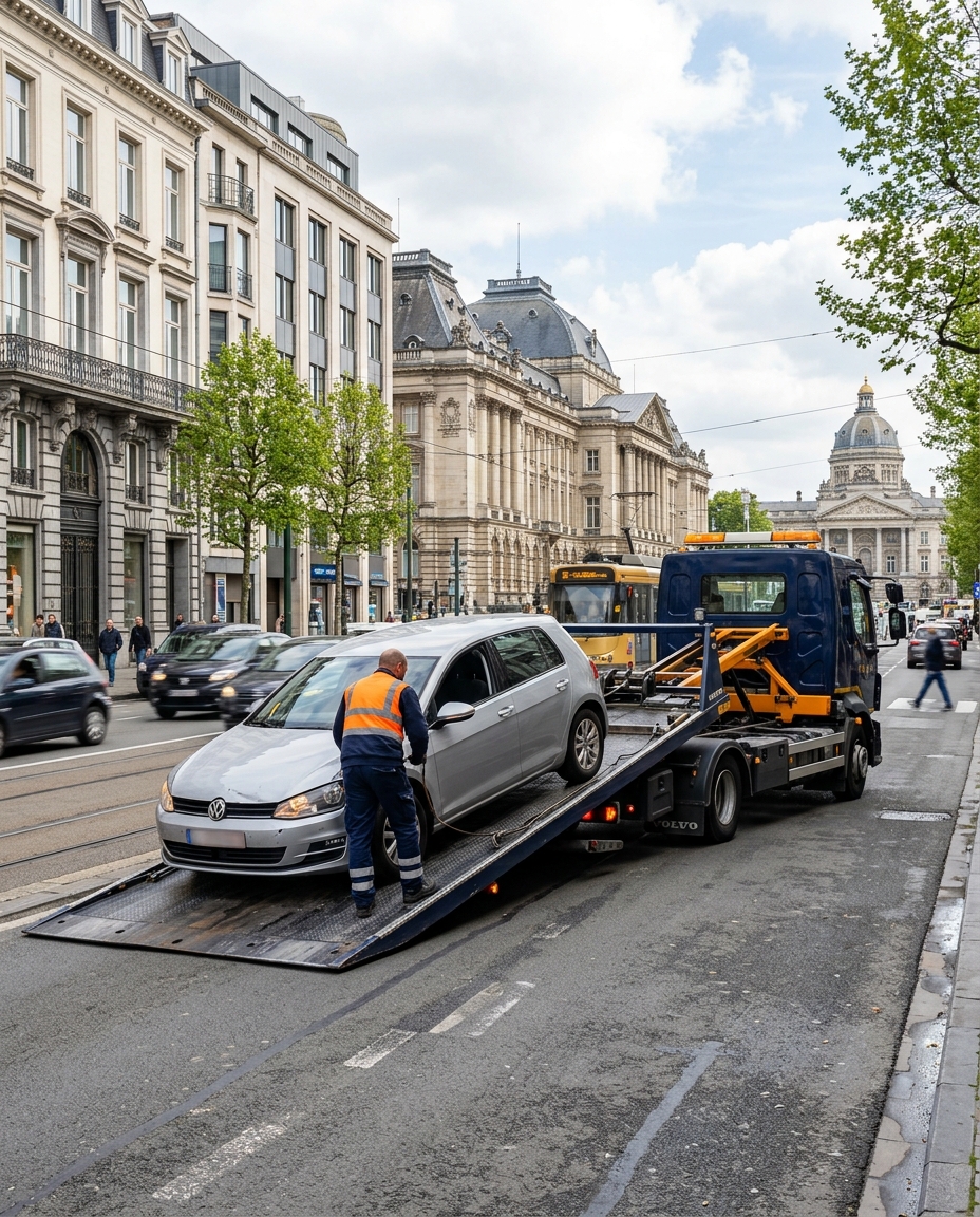 Dépannage voiture à Bruxelles - technicien chargeant une VW Golf sur dépanneuse Volvo