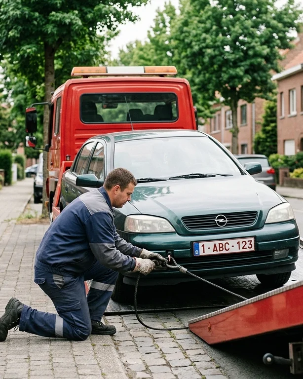 Dépannage Voiture à Forest – technicien fixant un câble de remorquage sur Opel verte