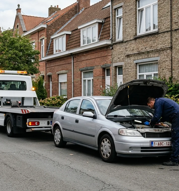 Dépannage Voiture à Ganshoren – mécanicien intervenant sur une berline en panne dans une rue résidentielle