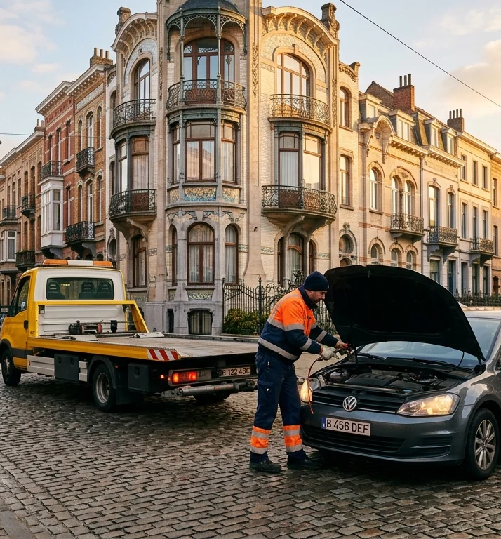 Dépannage Voiture à Ixelles – technicien en intervention sur VW Golf, rue pavée