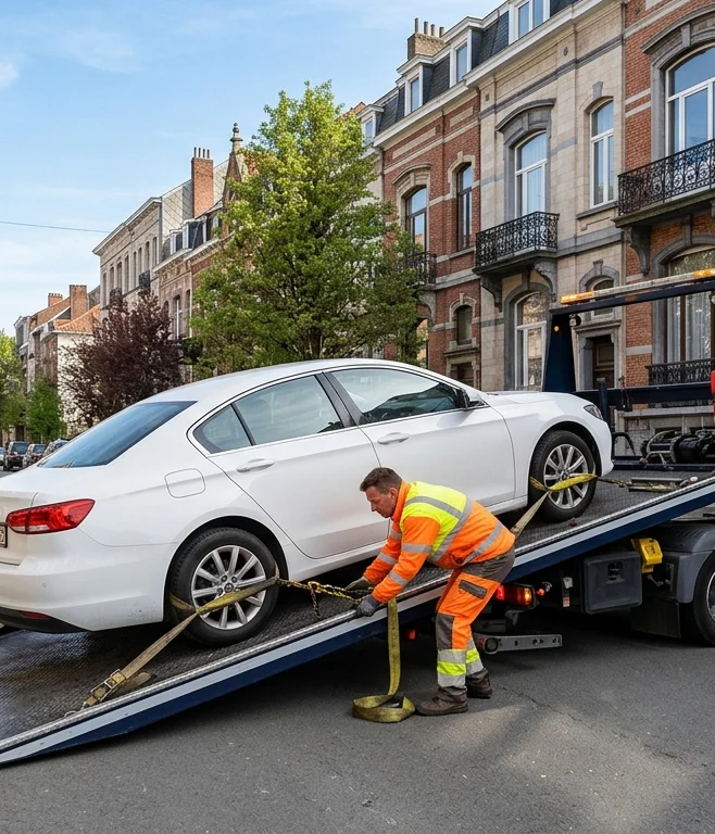 Dépannage voiture à Koekelberg – technicien chargeant une berline blanche sur dépanneuse bleue