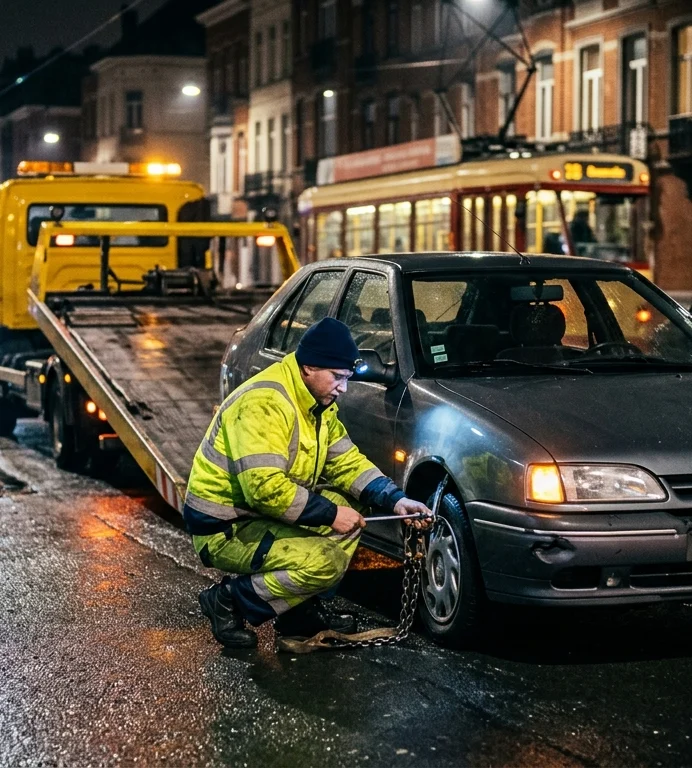 Dépannage Voiture à Molenbeek-Saint-Jean de nuit par technicien en gilet jaune