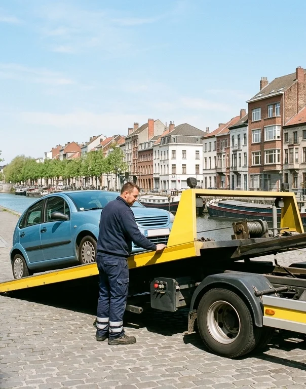 Dépannage voiture à Molenbeek-Saint-Jean, camion plateau jaune chargeant une citadine bleue