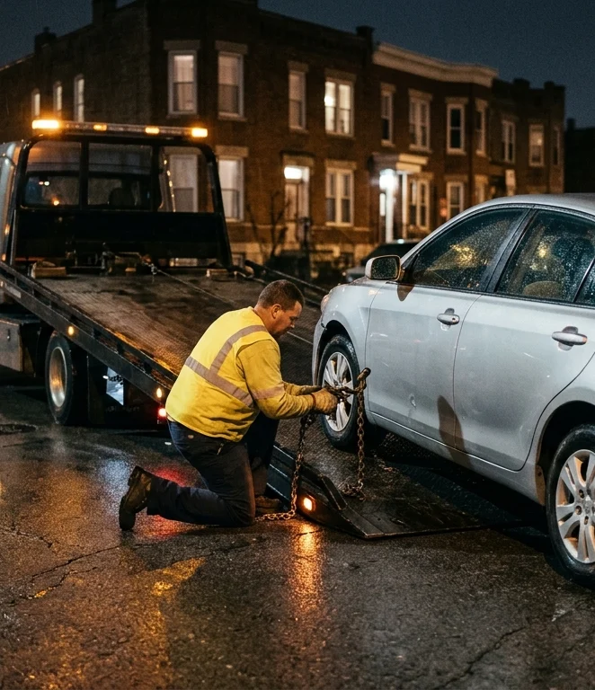 Dépannage Voiture à Saint-Gilles – technicien fixant chaîne sur Toyota Camry argentée