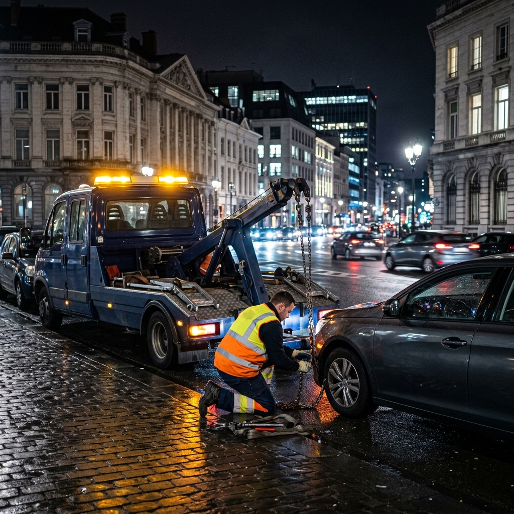 depannage-voiture-a-schaerbeek-technicien-en-5osc Dépannage Voiture à Schaerbeek – technicien en gilet orange attache une voiture à une dépanneuse de nuit