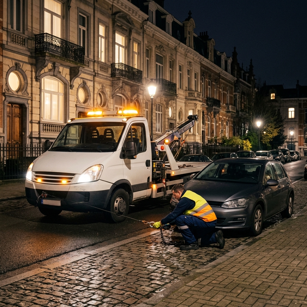 depannage-voiture-a-uccle-technicien-en-djgs Dépannage Voiture à Uccle – technicien en gilet jaune fixant câble de remorquage la nuit