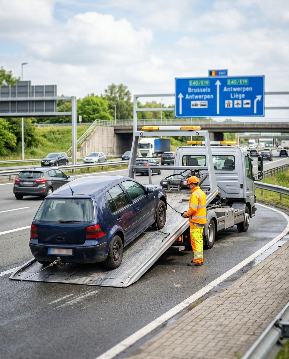 Dépannage voiture à Watermael-Boitsfort, technicien en gilet orange chargeant un véhicule sur plateau remorque autoroute Bruxelles
