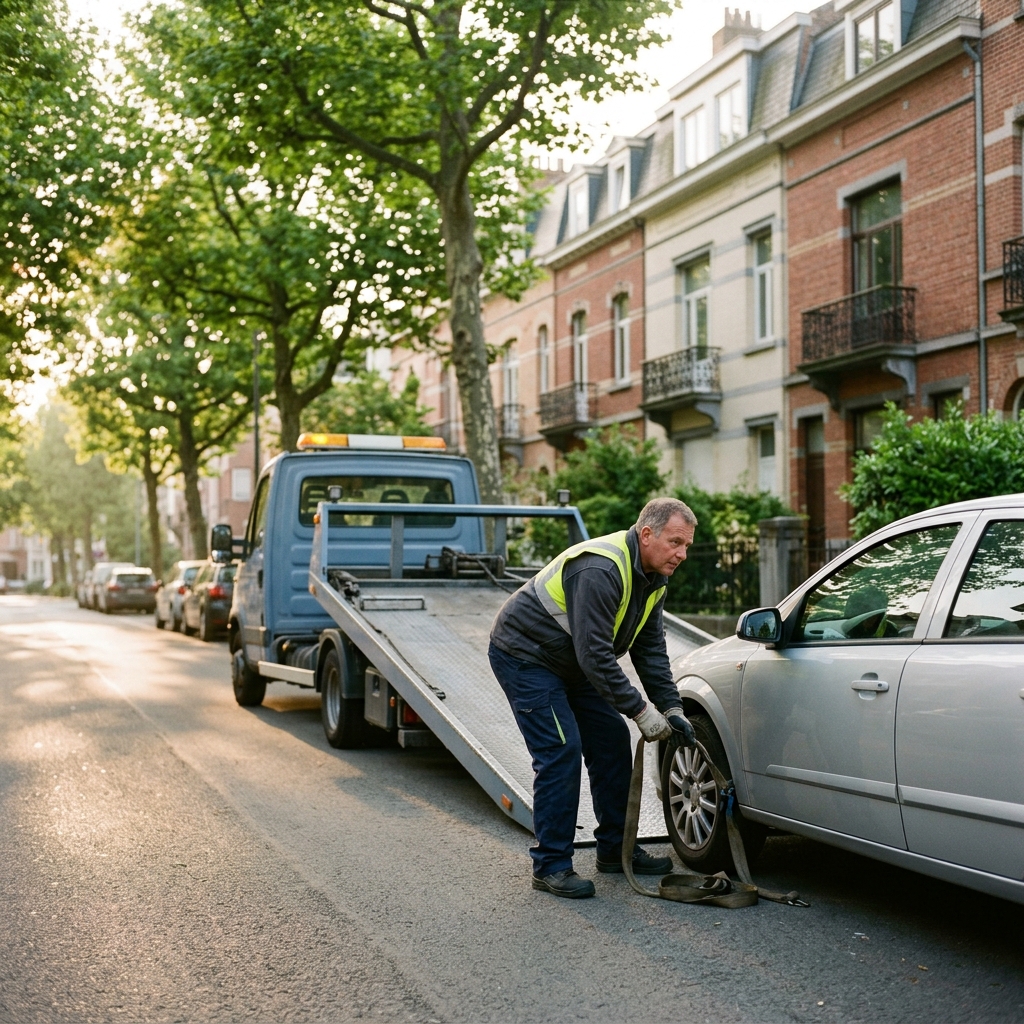 Dépannage Voiture à Watermael-Boitsfort – technicien chargeant un véhicule sur dépanneuse
