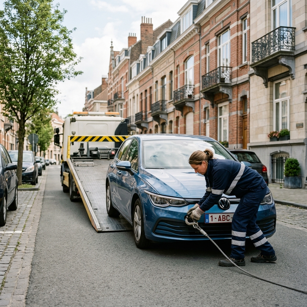 Dépannage Voiture à Woluwe-Saint-Lambert – technicienne attachant un câble de remorquage sur une VW Golf bleue
