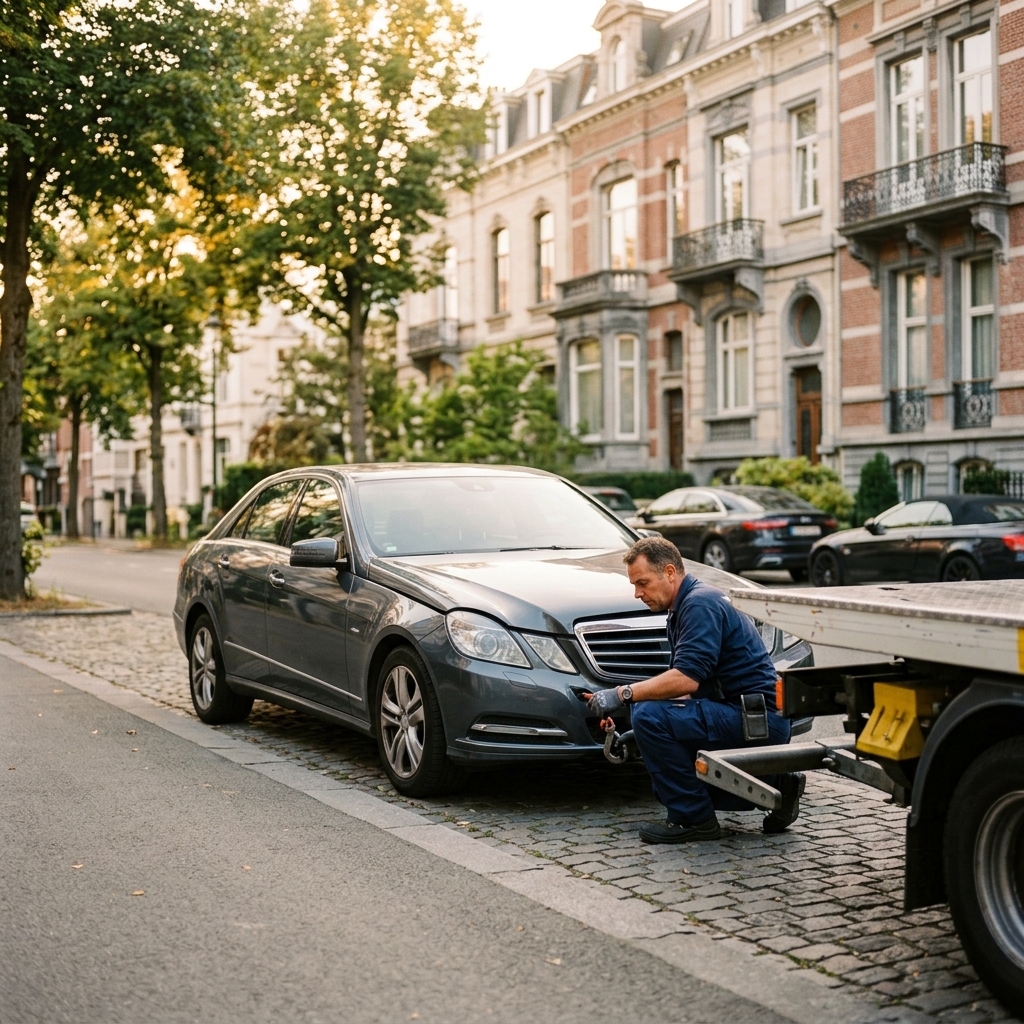 depannage-voiture-a-woluwe-saint-pierre-xgoc Dépannage Voiture à Woluwe-Saint-Pierre – technicien fixant un câble de remorquage sur Mercedes