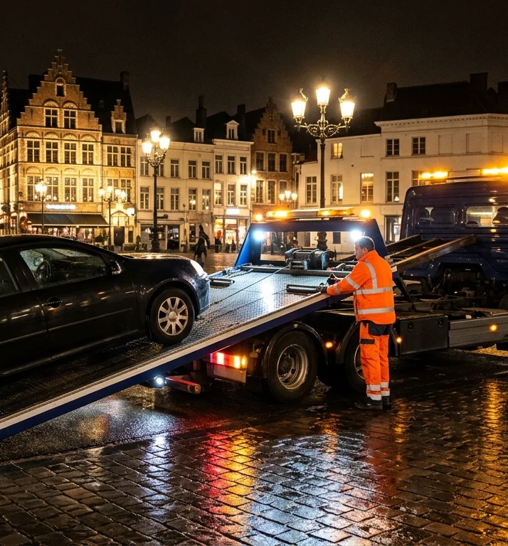 depannage-voiture-anderlecht-technicien-qkz1 Dépannage voiture Anderlecht - technicien chargeant un véhicule sur plateau de remorquage de nuit