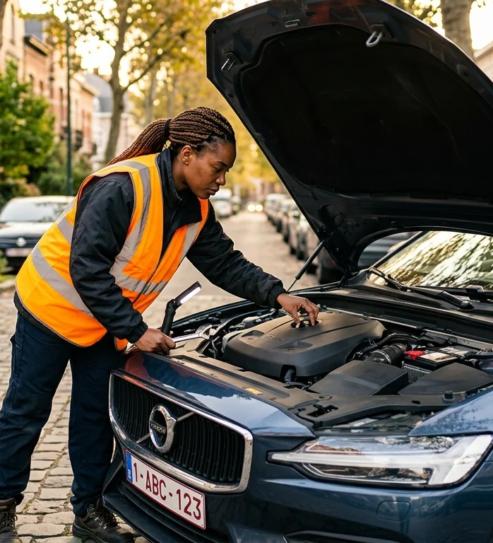 depannage-voiture-auderghem-technicienne-en-bslt Dépannage Voiture Auderghem – technicienne en gilet orange inspectant moteur Volvo