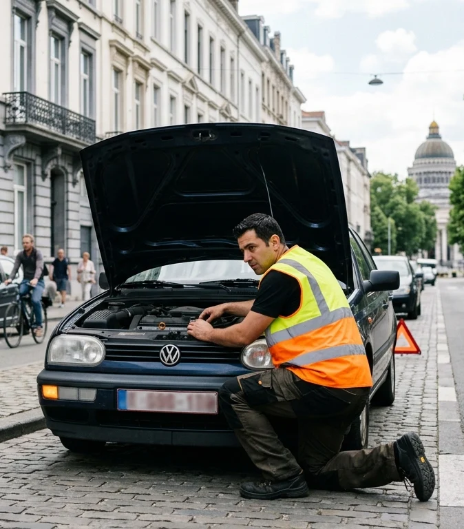 Dépannage Voiture Berchem-Sainte-Agathe – technicien en gilet jaune répare un VW Golf en panne