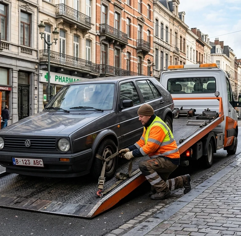 Dépannage voiture dans la commune d'Etterbeek, technicien chargeant une VW Golf sur dépanneuse orange