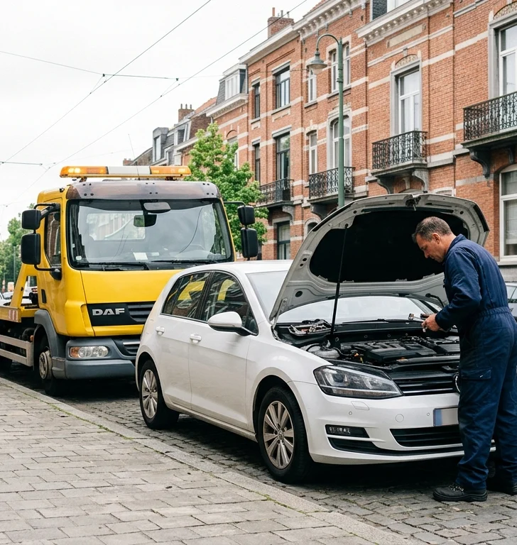 depannage-voiture-dans-la-commune-devere-par-rhmr Dépannage voiture dans la commune d'Evere par technicien en combinaison bleue inspectant moteur