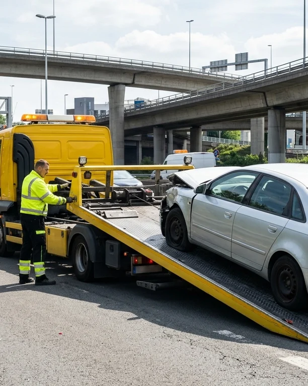 depanneuse-jaune-chargeant-une-voiture-jnui Dépanneuse jaune chargeant une voiture accidentée sur autoroute urbaine
