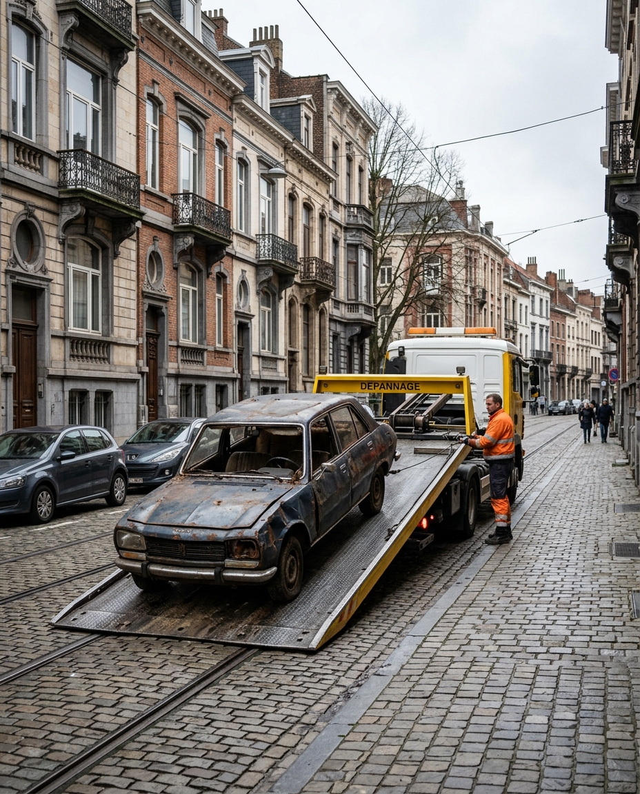 Enlèvement d'épave à Bruxelles par dépanneuse sur pavés
