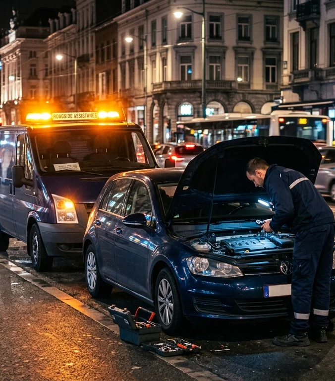 Mécanicien dépannage automobile de nuit sur boulevard urbain animé