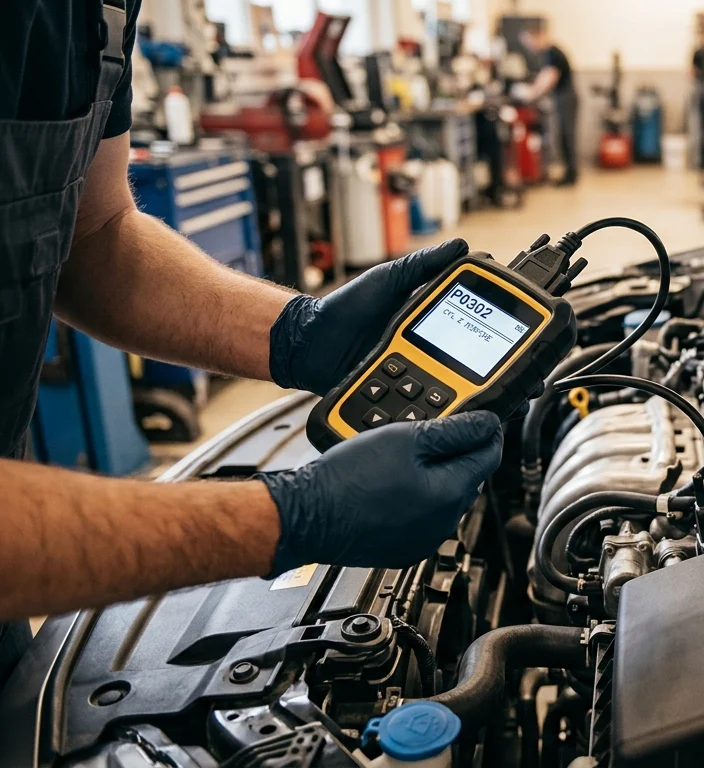 Mécanicien diagnostiquant une panne moteur avec scanner OBD2 code P0302 en atelier