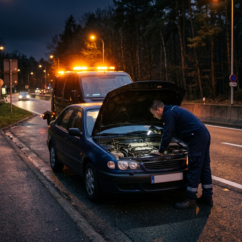 Mécanicien en combinaison bleue dépannant une voiture la nuit à Watermael-Boitsfort