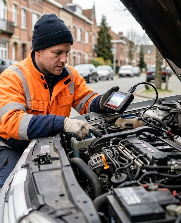 mecanicien-en-tenue-orange-depanne-un-moteur-o37m Mécanicien en tenue orange dépanne un moteur de voiture à Anderlecht