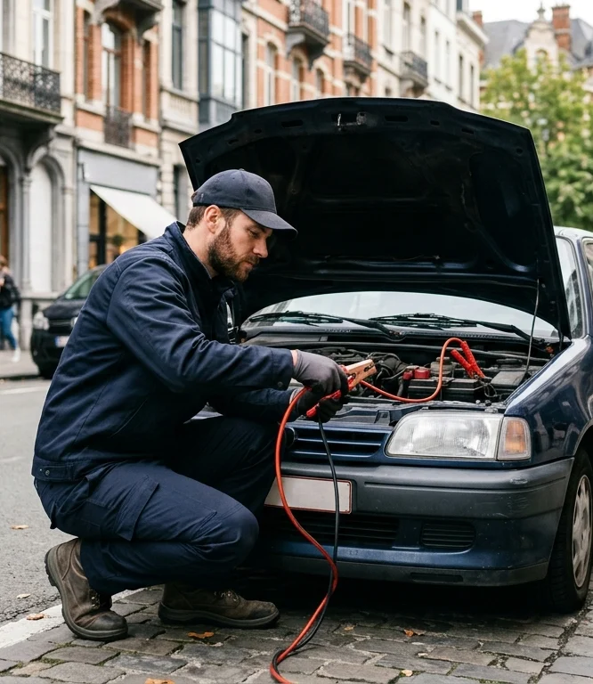 Panne moteur & démarrage : mécanicien branchant des câbles de démarrage sur batterie en ville