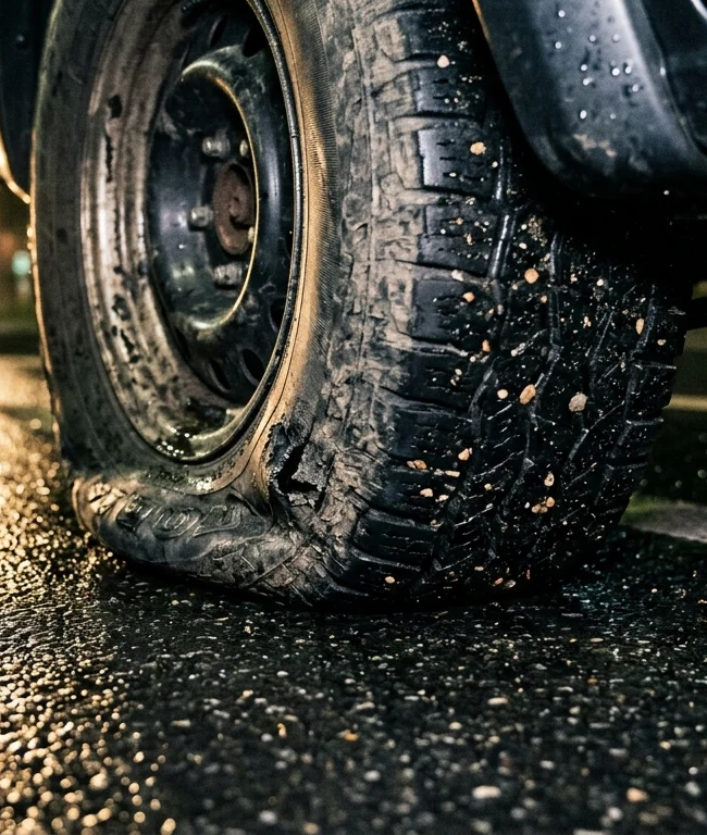 Pneu crevé sur route mouillée la nuit à Bruxelles, intervention rapide 24h/24