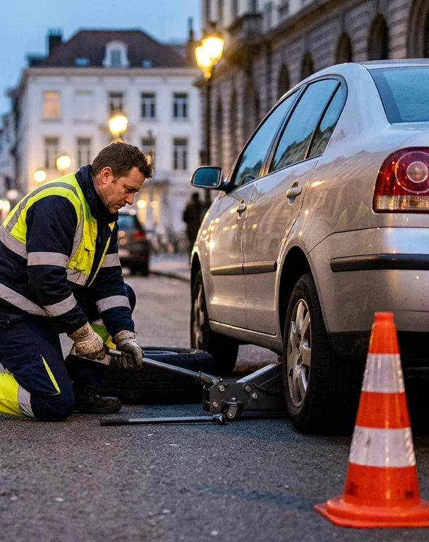Technicien changeant un pneu crevé sur une rue pavée de Bruxelles la nuit