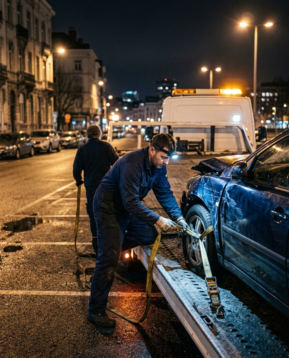 Technicien en combinaison bleue fixant une épave de voiture sur une dépanneuse la nuit à Bruxelles