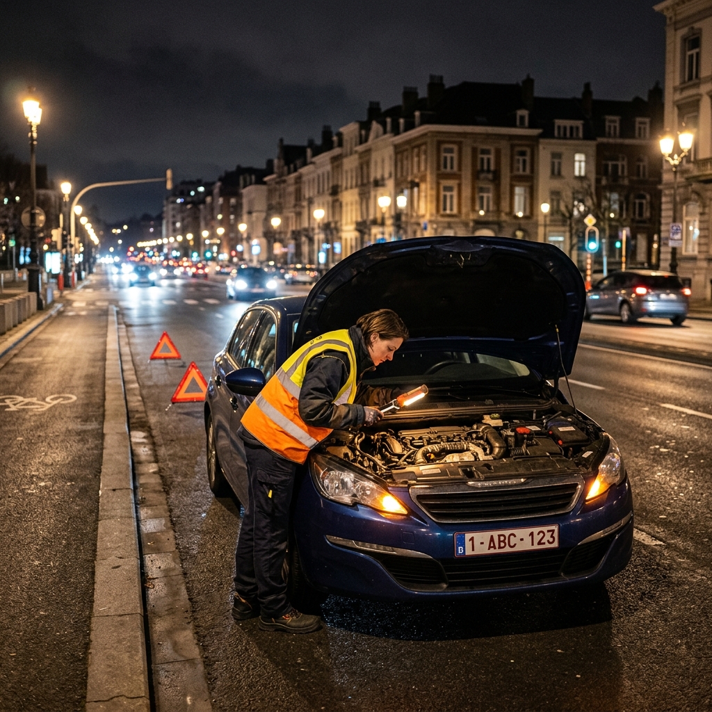 Technicien en gilet jaune dépannant une voiture bleue de nuit à Woluwe-Saint-Lambert