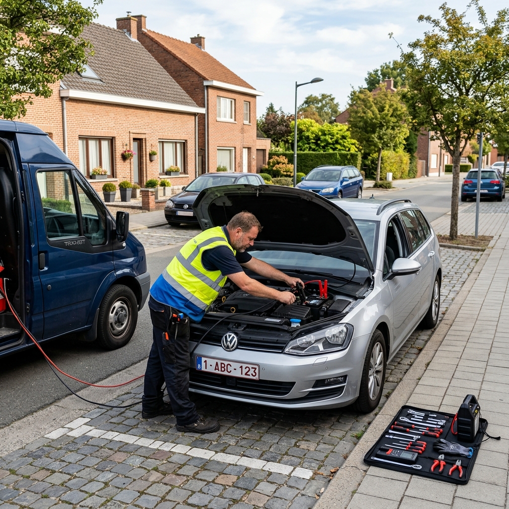 technicien-en-gilet-jaune-depannant-une-bukv Technicien en gilet jaune dépannant une Volkswagen Golf à Schaerbeek