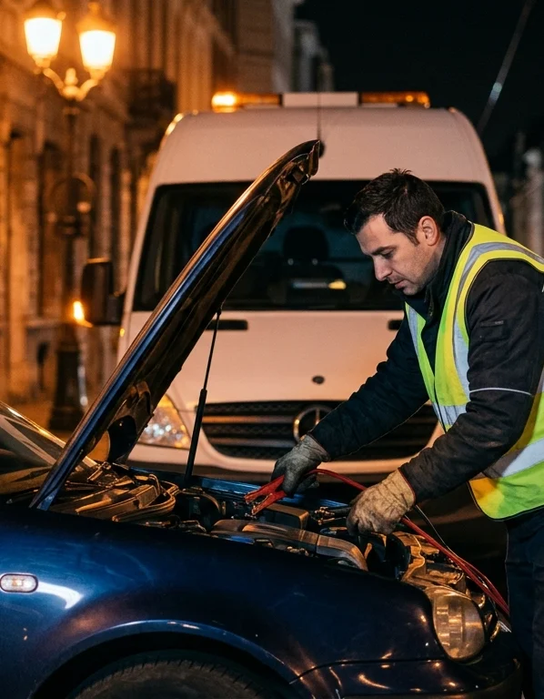 technicien-en-gilet-jaune-effectuant-un-rivw Technicien en gilet jaune effectuant un dépannage batterie sur voiture de nuit à Evere
