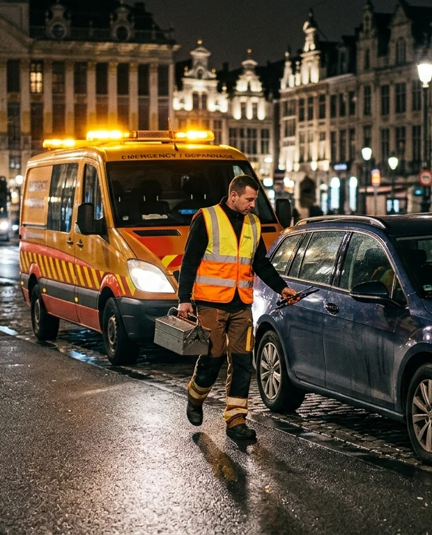 Technicien en gilet jaune ouvrant une portière de voiture bloquée de nuit en ville