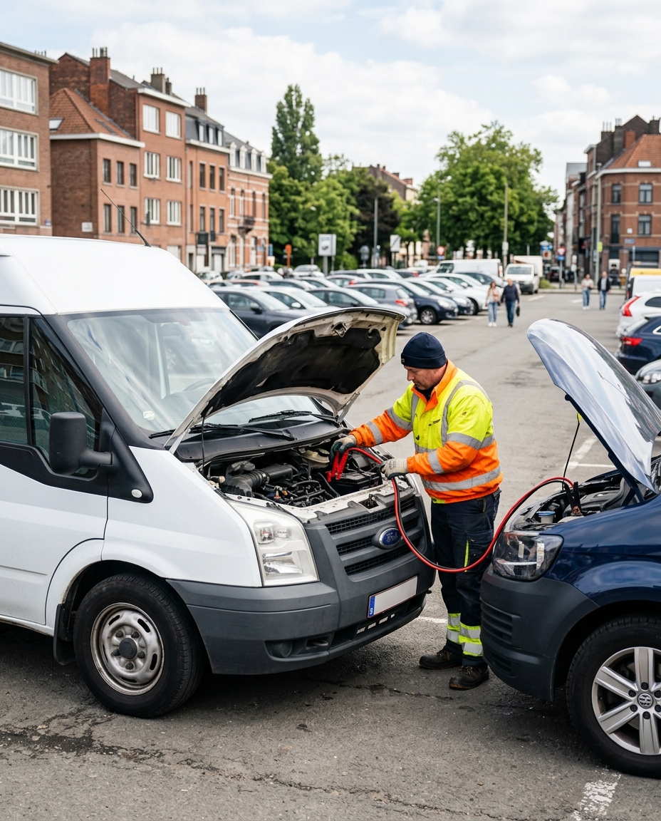 Technicien en gilet orange branchant des câbles de démarrage sur une camionnette Ford à Bruxelles