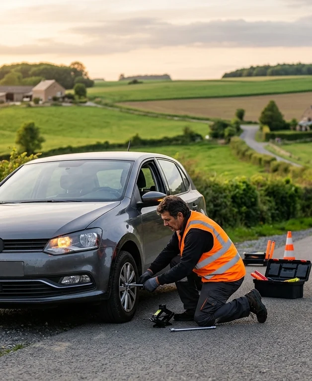 Technicien en gilet orange changeant un pneu sur une route rurale en Belgique