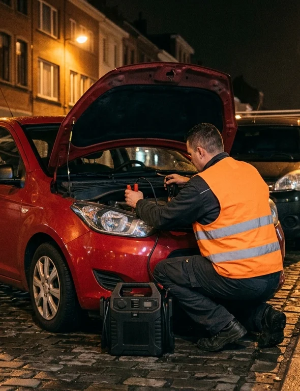 Technicien en gilet orange dépannant une voiture rouge de nuit à Forest
