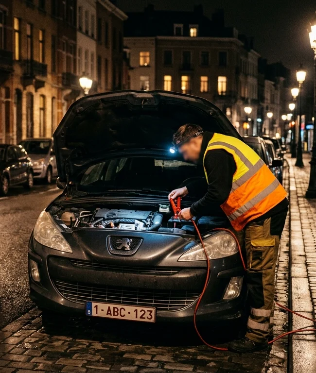 Technicien en gilet orange effectuant un dépannage voiture de nuit à Ganshoren avec câbles de démarrage