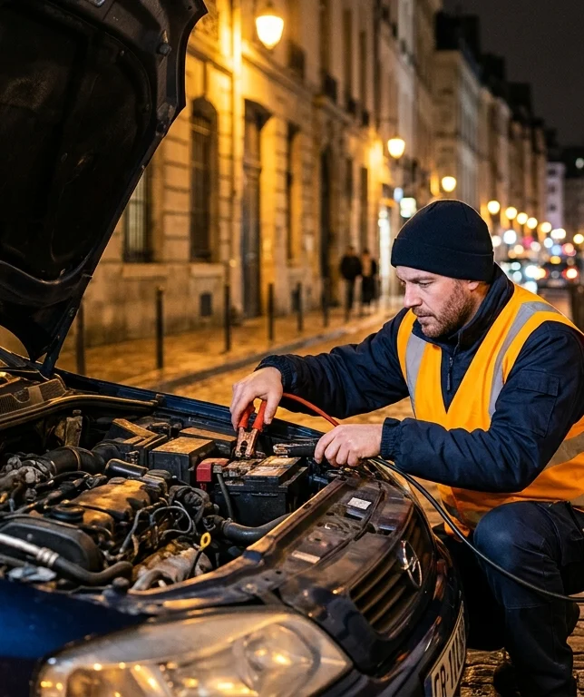 Technicien en gilet orange effectuant un dépannage batterie de voiture la nuit à Etterbeek