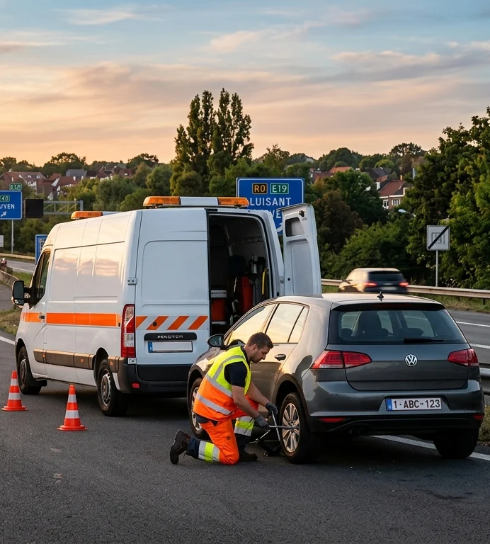 Technicien en gilet orange répare un pneu crevé sur autoroute à Bruxelles