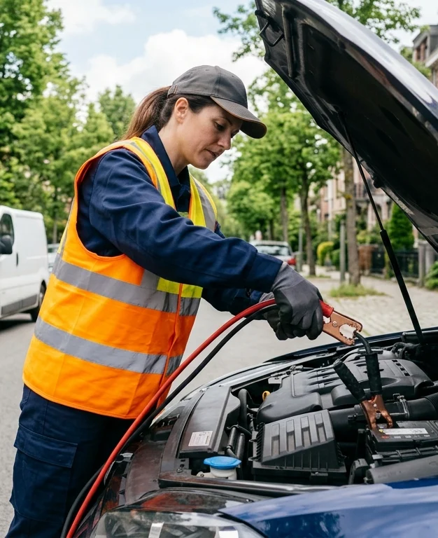 Technicienne en gilet orange branchant des câbles de démarrage sur batterie de voiture à Ixelles