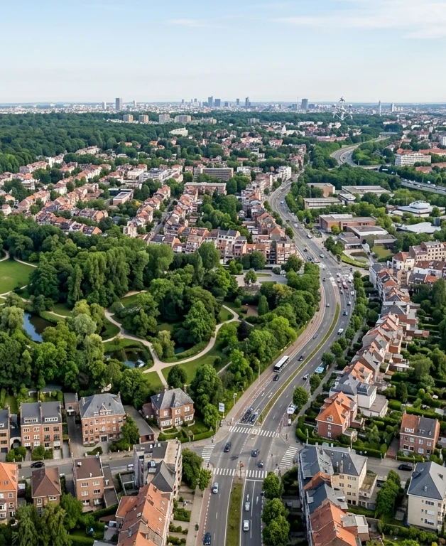 vue-aerienne-dauderghem-avec-ses-maisons-en-dyei Vue aérienne d'Auderghem avec ses maisons en briques rouges et la forêt de Soignes, Bruxelles