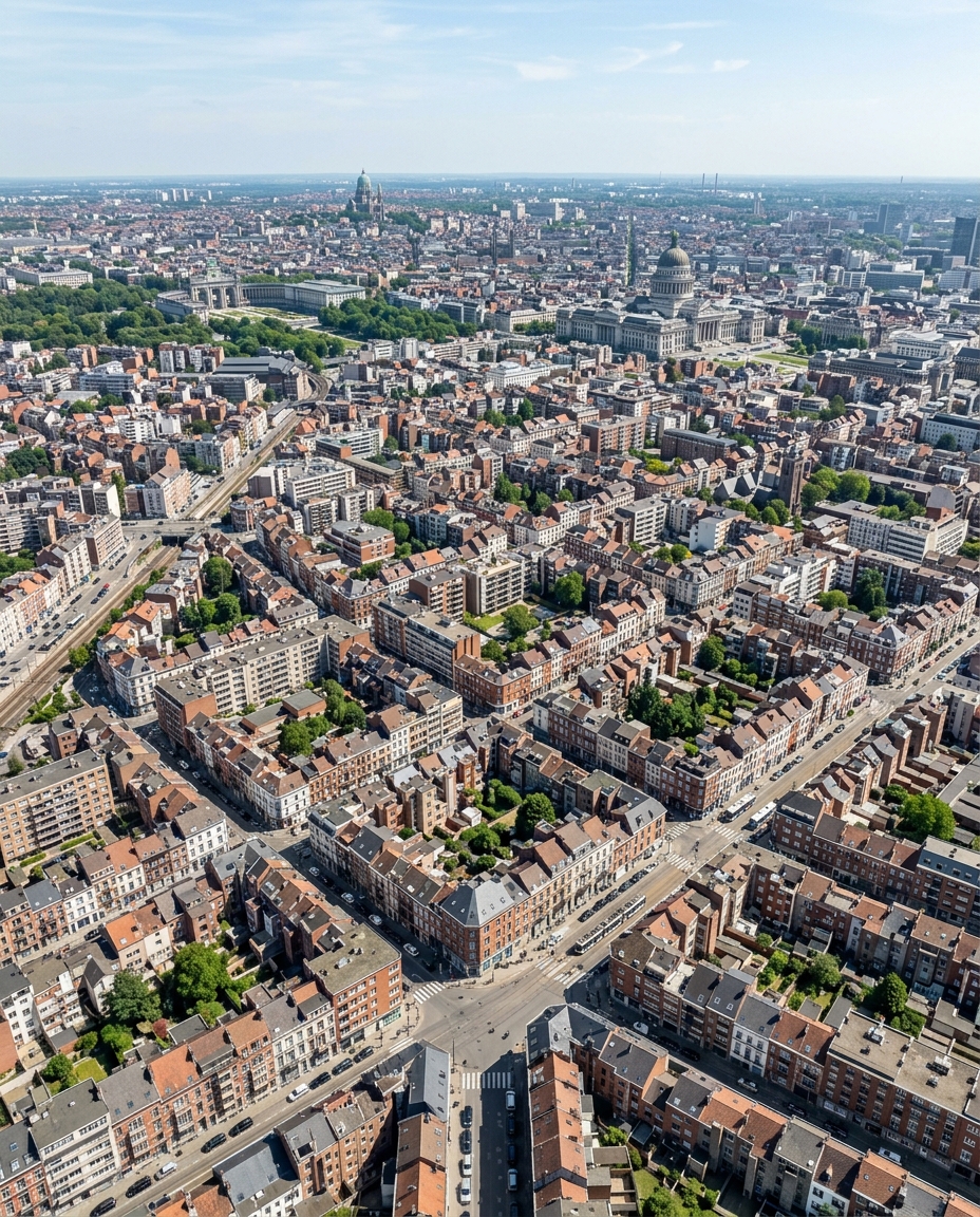 Vue aérienne de Bruxelles avec ses quartiers résidentiels et le Palais de Justice au centre